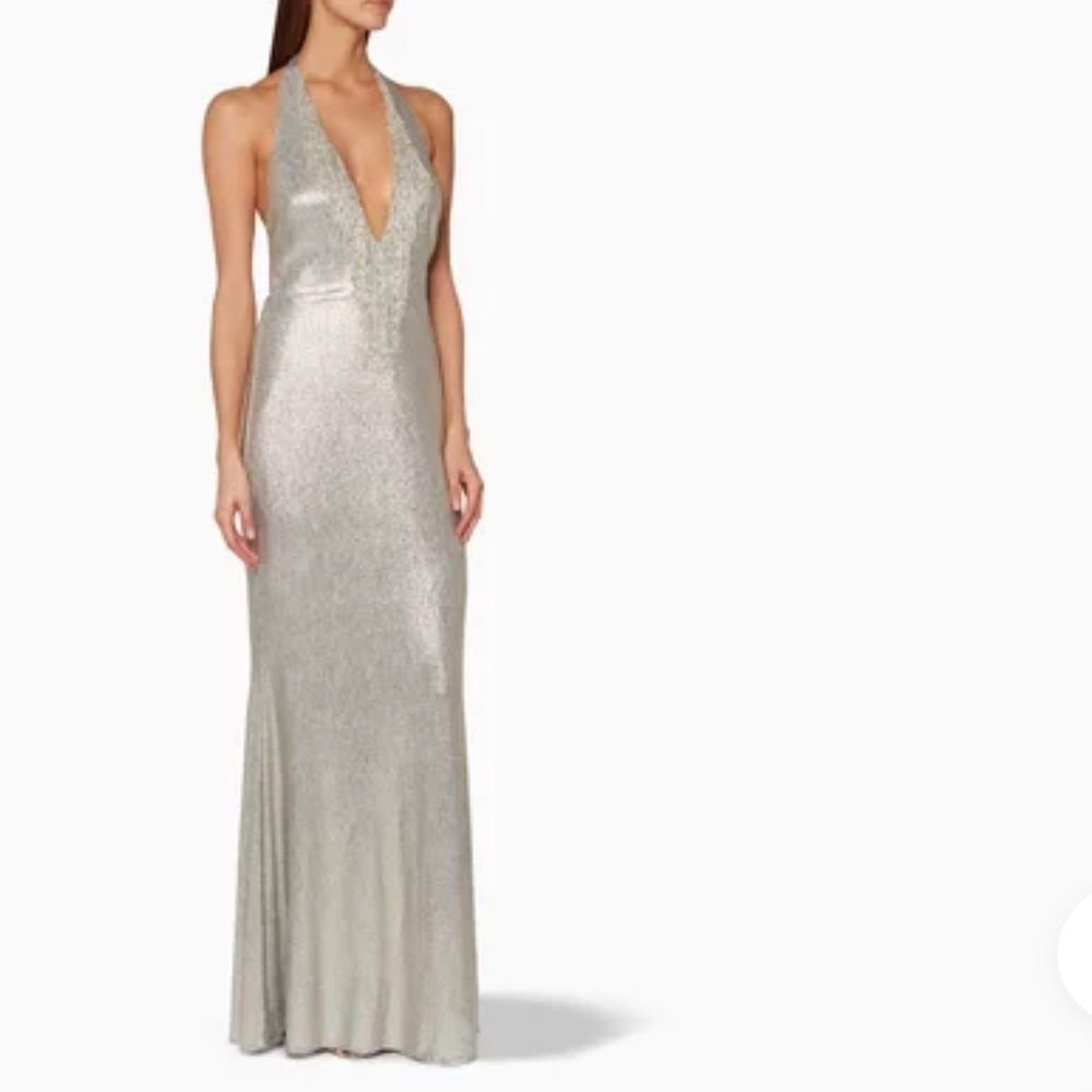 Badgley Mischka Silver Halter Neck Gown with Beaded Deep V-Neck Size 12